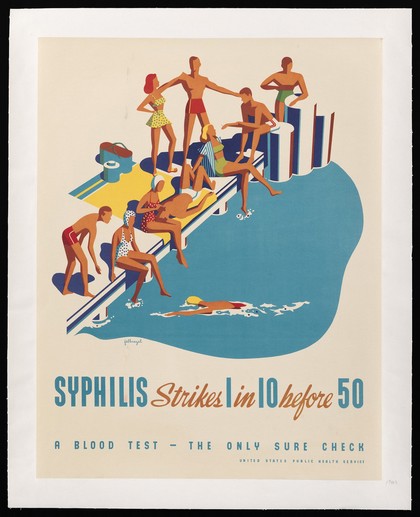 Ten people at a swimming pool, one of whom will be infected with syphilis before the age of fifty. Lithograph after D. Fellnagel, 1940.