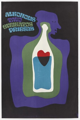 Alcoholism: the outline of a figure of a man, with a bottle covering his heart. Colour lithograph after J. Galkus, 1969.