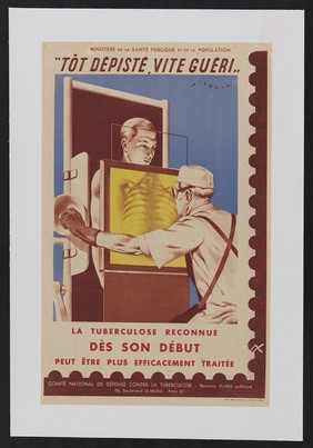 A radiologist conducting a chest x-ray of a young man in order to detect early signs of tuberculosis. Colour lithograph after A. Wilquin, 1949.