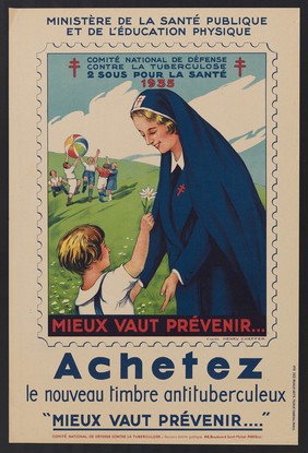 A nurse with children as part of a campaign against tuberculosis. Colour lithograph after H. Cheffer, 1935.