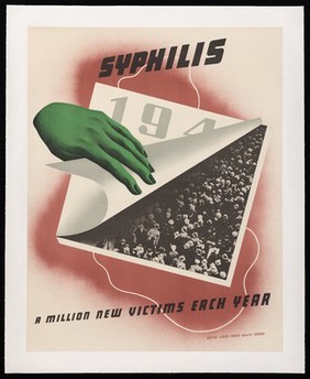 Syphilis: a hand opening a calendar for a year in the 1940s and revealing a crowd of people (civilians) including potential victims of syphilis. Colour lithograph after D. Fellnagel, 1941/1945.