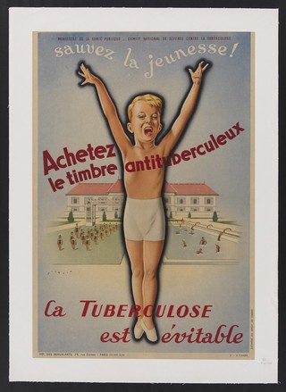 A healthy boy, protected from tuberculosis by fresh air and exercise. Colour lithograph by André Wilquin, 1942.