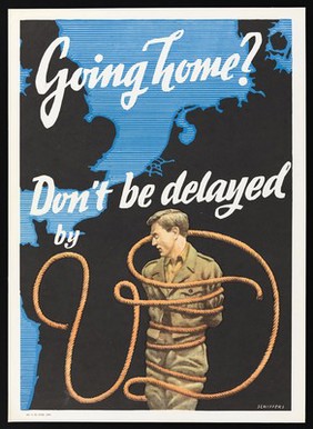 An American soldier tied up with a rope forming the letters "VD" and therefore unable to return from army duty in Europe to his home in America. Colour lithograph by F.O. Schiffers, 1946.