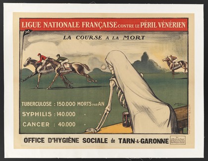 A warning against sexually transmitted diseases: in a three-horse race watched by Death, syphilis is about to overtake tuberculosis, while cancer comes third. Colour lithograph by E.-C. Jodelet, 1926.