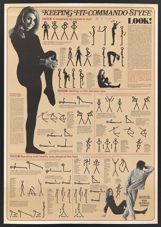 Physical exercises for men and women. Colour lithograph, 1972.