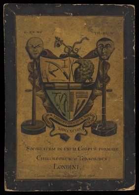 Parody coat of arms of a united company of surgeons and barbers. Drawing (?) by John Marshall, 1798.