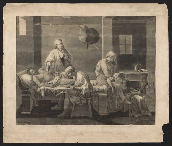Eudamidas dictating his will on his deathbed, leaving the care of his mother and daughter to two friends. Drawing by A.-Ch. Coumeau or Courneau, 1802-1804, after N. Poussin.