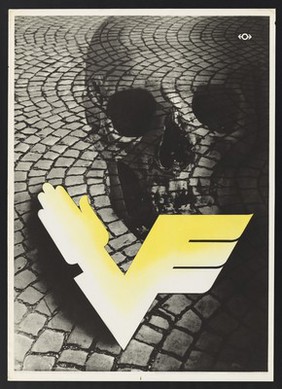 A skull seen against a street surface of granite sets; representing the danger of death in traffic accidents. Colour lithograph by Walter Müller, 195-.