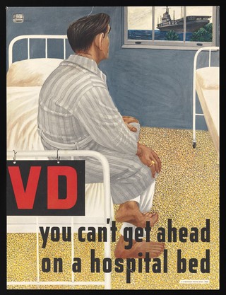 An American sailor sitting on a hospital bed, prevented by venereal disease from joining his ship. Colour lithograph, ca. 1948.
