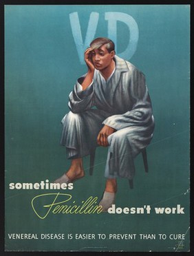 An American sailor sits disconsolately in his pyjamas, regretting his infection with a venereal disease incurable with penicillin. Colour lithograph, ca. 1948.