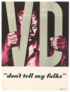 An American serviceman clutching the letters "VD" like prison-bars from which he yearns to be released. Colour lithograph, ca. 1950 (?).