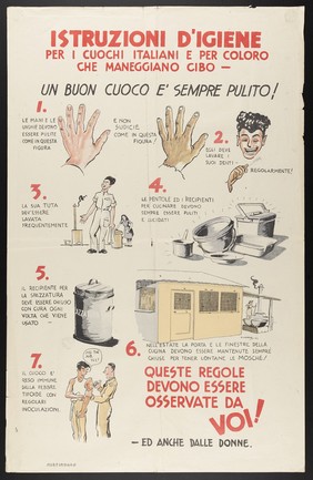 World War II: hygiene instructions for Italian cooks working for the British army in Italy. Colour lithograph by Stacey Hopper, 1945.