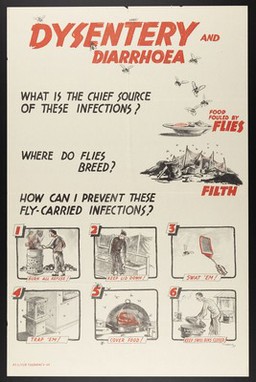 World War II: hygiene instructions against dysentery and diarrhoea for the British army in Italy. Colour lithograph by Stacey Hopper, 1945.