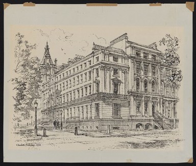 Ulster Terrace (left) and 1 Park Square West, Marylebone. Drawing by Charlotte Halliday, 1974.