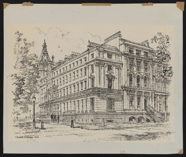 Ulster Terrace (left) and 1 Park Square West, Marylebone. Drawing by Charlotte Halliday, 1974.