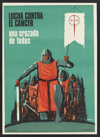 Mediaeval crusaders holding up the battle-standard of a crusade against cancer. Colour lithograph by Aqullò, 1965.
