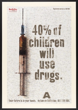 A mosaic of handprints of children, some of which form a hypodermic syringe; representing the use of narcotic drugs by children. Colour lithograph, 200-.
