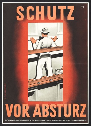 A house painter on a platform with a waist-high crossbeam to prevent an accidental fall. Colour lithograph by A. Th. Schwarz, ca. 1957.