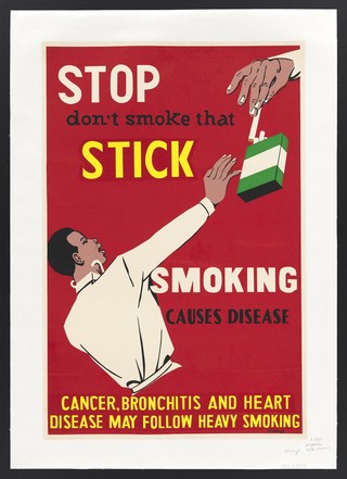 A doctor with a stethoscope rejecting the offer of a cigarette. Colour silk screen print by Olaleye, 195-.