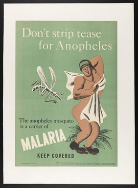 An American soldier stripping and exposing his body to attack by a mosquito. Colour lithograph, 1946.