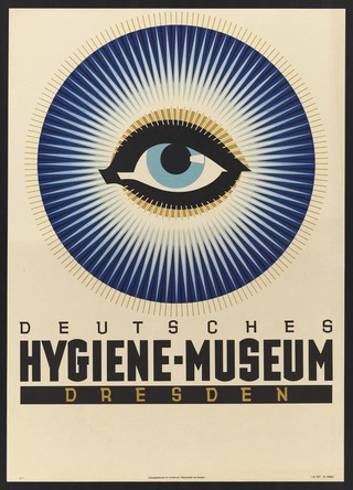 The eye, surrounded by the rays of the sun; advertising the Deutsches Hygiene-Museum, Dresden. Colour lithograph, 19--.