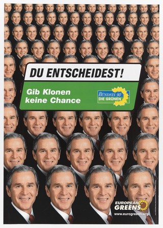 Multiple heads of President George W. Bush; representing the dangers of human cloning. Colour lithograph, 2004.