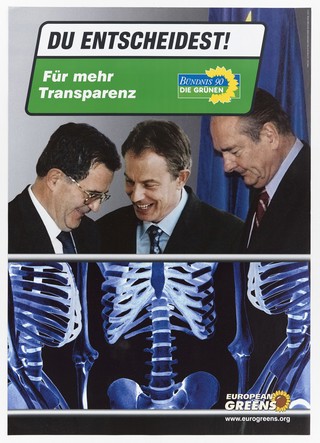 The President of the European Commission, the Prime Minister of the United Kingdom, and the President of the French Republic, in conspiracy; with X-rays of their bodies, representing the transparency perceived to be absent from their deliberations. Colour lithograph, 2004.