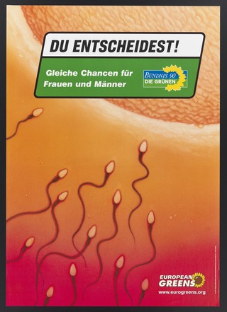 Spermatozoa approaching an egg; representing equality between men and women, and the undesirability of inequality. Colour lithograph, 2004.