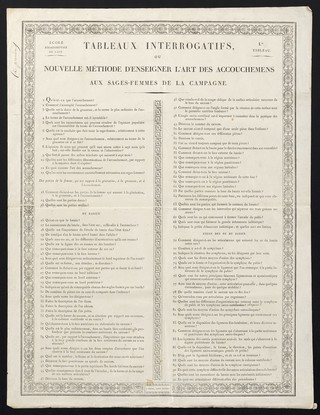 Tableaux interrogatifs, ou Nouvelle méthode d'enseigner l'art des accouchemens [sic] aux sages-femmes de la campagne. 1er. tableau, 1. Qu'est-ce que l'accouchement? ... Des parties de la femme, qui ont rapport à la génération, à la grossesse, et à l'accouchement / École départementale de l'Ain.