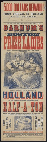 Enthusiastic reception of Barnum's great and renowned Boston Prize Ladies who have been specially engaged to complete a tour of Great Britain at an enormous outlay : Miss Minnie & Rhoda Holland.