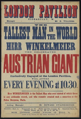 The tallest man in the world : Herr Winkelmeier, the celebrated Austrian giant, exclusively engaged at the London Pavilion.