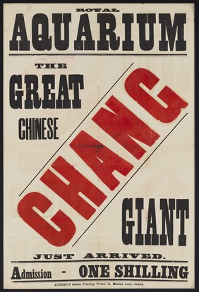 Royal Aquarium : Chang, the great Chinese giant : just arrived : admission one shilling.