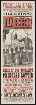 Piccadilly Hall, commencing Monday, Dec. 1, 1884... : the smallest people in the world! All English. First appearance in London : Harvey's wonderful Midges and choir of boy vocalists... two receptions daily... / Piccadilly Hall.