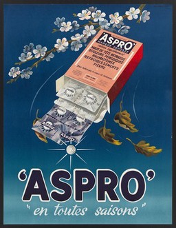 Cherry blossom and falling leaves, representing spring and autumn respectively, with box of Aspro pills for use in those seasons. Colour lithograph, 1957.