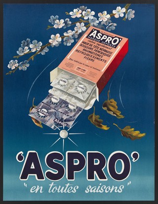 Cherry blossom and falling leaves, representing spring and autumn respectively, with box of Aspro pills for use in those seasons. Colour lithograph, 1957.