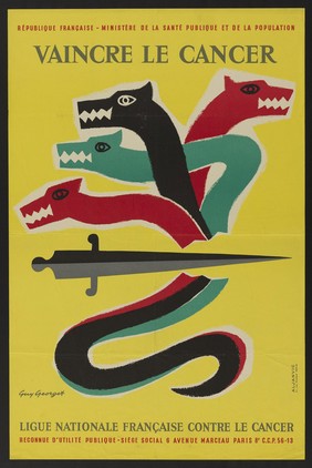 A sword slaying the hydra; representing the fight against cancer. Colour lithograph after G. Georget, 1960.