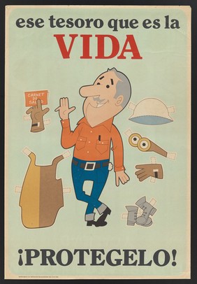 A worker in construction or in heavy manufacturing industry looking favourably at items of protective clothing; advertising the use of protective clothing in heavy industry. Colour lithograph, 1982.