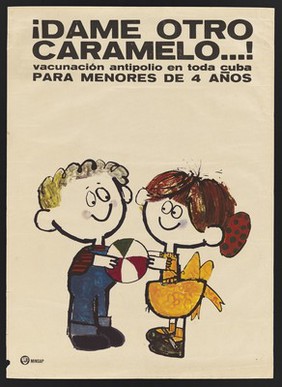 Two happy children, representing the benefits of vaccination against polio. Colour lithograph, ca. 1982.