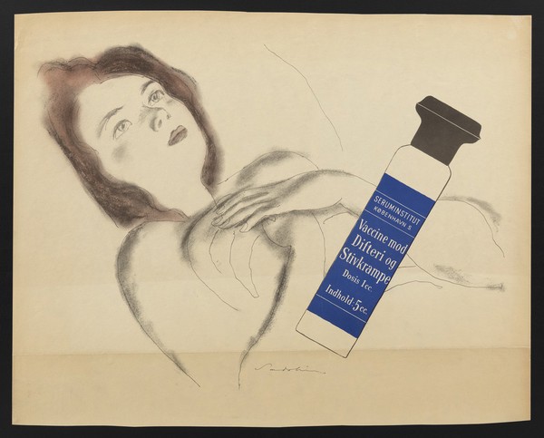 A mother holding her newborn baby, with a serious expresssion as she realizes its vulnerability to deadly infectious diseases; with a bottle of vaccine against diphtheria and tetanus, advertising vaccination against those diseases. Colour process print by Sadolin, 195-.