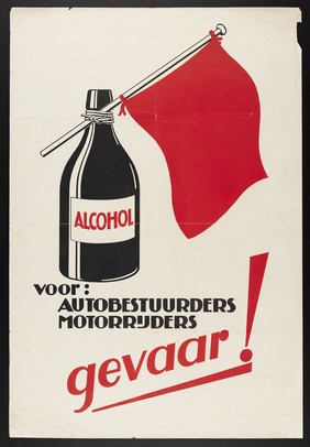 A bottle of alcoholic drink with a red flag attached to it; advertising the danger of driving after drinking. Colour lithograph, 193-.