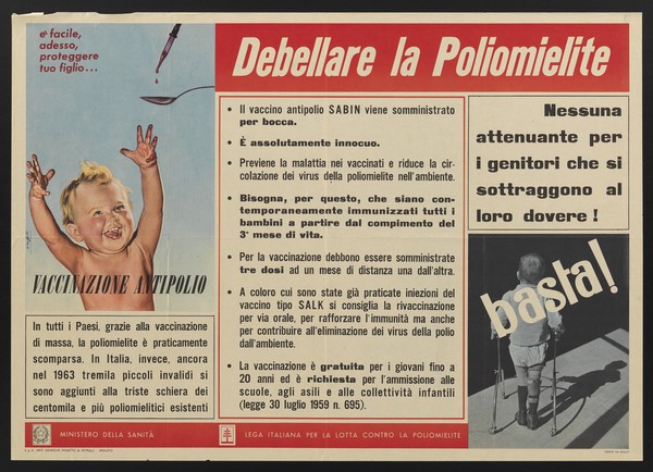 Poliomyelitis: advertisement for vaccination of children against polio with Sabin vaccine. Colour lithograph, ca. 1964.