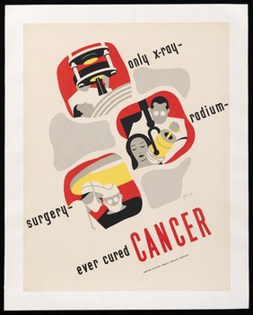 Cancer: three vignettes showing radiotherapy and surgery as the only effective cures, all other remedies being by implication ineffectual. Colour lithograph after D. Fellnagel, 1941.