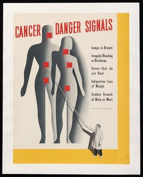 A lecturer pointing to a large screen, on which projected diagrams of the bodies of a man and a woman are marked with red flags indicating areas where cancer may be first seen. Colour lithograph after D. Fellnagel, 1941.