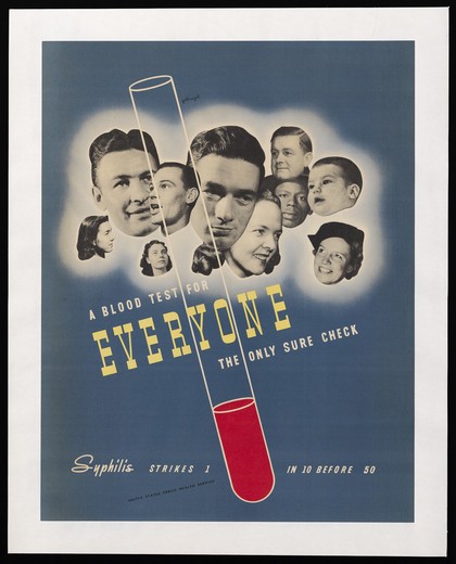 Syphilis: ten people, one of whom is diagnosed as having syphilis. Colour lithograph after D. Fellnagel, 1940.