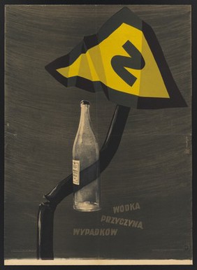 A traffic signal that is bent and broken, with a vodka bottle jammed in its stem; representing vodka as a cause of driving accidents. Colour lithograph, 19--.