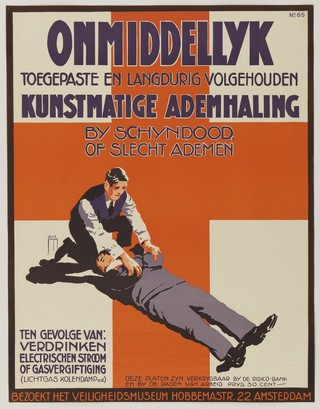 Artificial respiration of a man who has been rescued from drowning, electric shock or carbon monoxide poisoning. Colour lithograph by Jacob Jansma, 194-.
