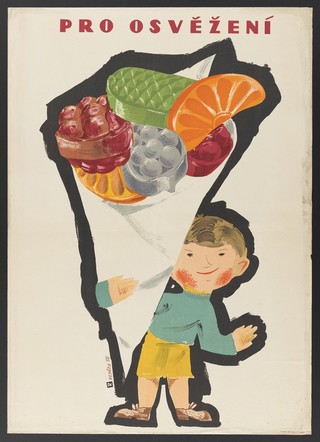 A small boy holding a big cone filled with various kinds of candy. Colour lithograph after R. Vepřek, 1956.