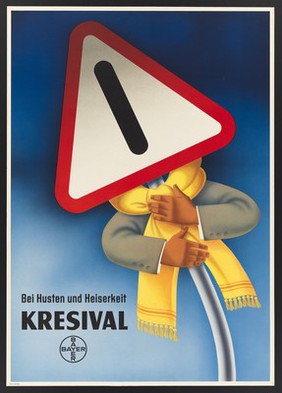 A sore throat and cough stopped by a traffic "Stop" sign" representing the medicine Kresival. Colour lithograph, 196- (?).