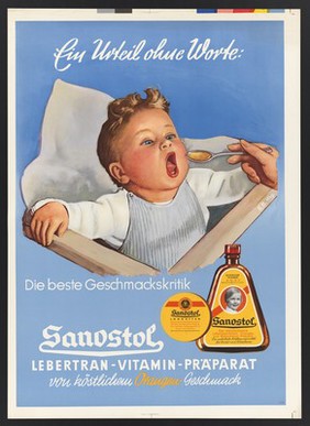 An infant swallowing a spoonful of Sanostol food supplement. Colour lithograph by E.B., 195-.