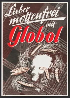 Caterpillars eating a hole in a tartan fabric; advertising Globol insecticide. Colour lithograph, 1958.